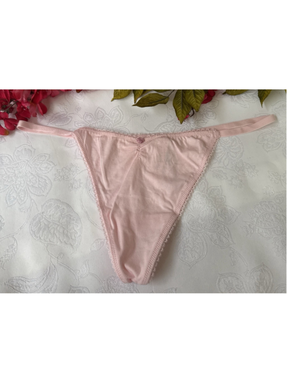 VICTORIA'S SECRET XL BALLET PINK COTTON V STRING LACE BACK BOW PANTIES NWT